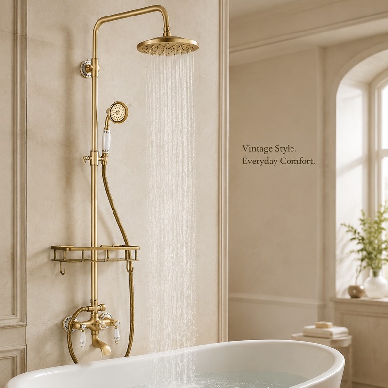 Antique Brass 8-Inch Rainfall Shower System with Hand Shower &