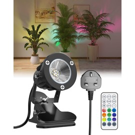 TobeBright 6W RGB LED Clip On Spot Light with Remote Control, Mains Powered Plug in Spot Light Indoor and Outdoor IP65 Water Resistant, 15 RGB Colours + Warm White 3000K, 1.78m Cord