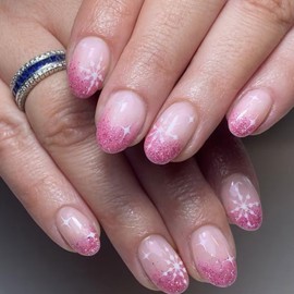 Christmas Press on Nails Short Oval French Tip Fake Nails Nude & Pink Gradient False Nails with Designs Snowflake Pink Glitter Full Cover Glue on Nails Glossy Acrylic Nails for Women Girls 24 Pcs