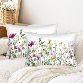 Flowers Throw Pillow Cover Queen Size Set of 2,White Lumbar Pillow Case Wild Flower Plant Vintage Florals Herbs and Botanical Decorative Standard Pillow Cases Bed Cushion Covers for Sofa,20"x30"