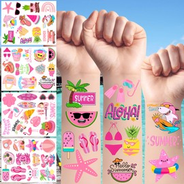 Pink Summer Temporary Tattoos - Summer Party Favors Supplies Summer Party Decorations Gift Idea For Kids Teen Adult Summer Stickers Hawaii Beach Vibes Luau Hawaiian Party Aloha Summer Holiday