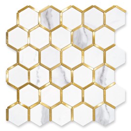 STICKGOO Hexagon Peel and Stick Backsplash Tile, Stick on Backsplash for Kitchen and Bathroom, White Marble Look PVC Mixed Metal Gold Self Adhesive Metal Mosaic Tiles(Sample, Seamless)