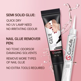 CurvLife Curvlife 10g Semi Solid Nail Glue Gel with 5ml Nail Glue Remover Pen, No Need for Uv Light, Gel Glue for Press On Nails, Nail Glue Remover for Nails, Click&Remove Pen