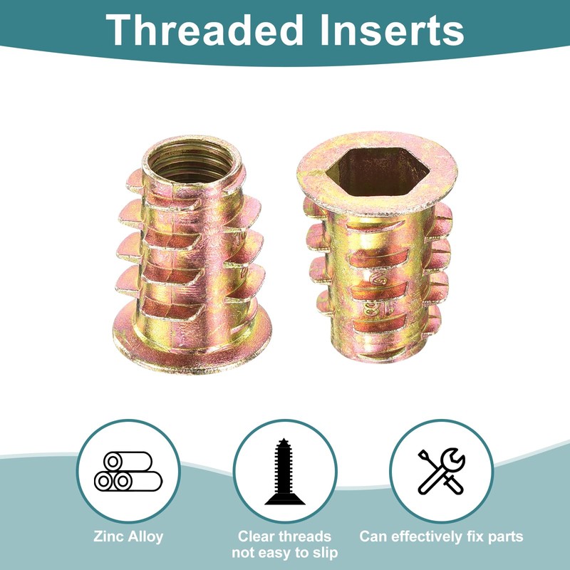 sourcing map 70Pcs Threaded Inserts, M8-1.25x18 Zinc Alloy Hex-Flanged Nut