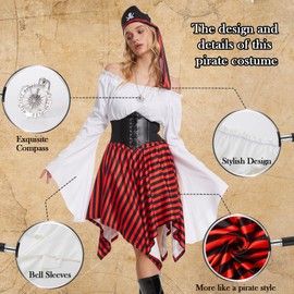 Gumyawl - Disfraz de pirata para mujer, 7 piezas, camisa renacentista, vestido medieval con collar de brújula, conjunto de pirata medieval (blanco, XXL)
