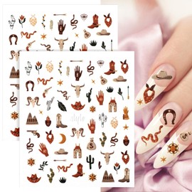 Yuanchu 2 Sheets Retro Cowboy Nail Art Stickers, Western Style Self-Adhesive 5D Embossed Nail Decals DIY Cowboy Hat Boots Cactus Designs for Nails Toenails Phone Cases Retro Style Parties