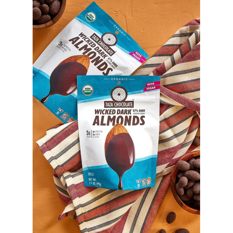 Taza Chocolate Organic Chocolate Covered Almonds, 87% Wicked Dark Chocolate,