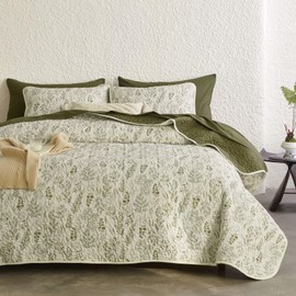 Wake In Cloud - Floral Quilt Set, Botanical Vintage Flower Coquette Cottagecore for Women Teen Girls, Reversible Lightweight Bedspread Coverlet, 3 Pieces, Olive Green, Twin/Twin XL Size