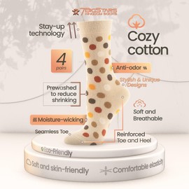 7BIGSTARS KINGDOM Women Cotton Crew Socks - 4 Pack Large - Striped-Mid Dotted -Polka Dot - Casual-Dress-Sock Size:10-12, Shoe Size: 8-12, Light Beige