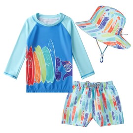 SWMSTUPF Toddlers Baby Boys' 3-Piece Rashguard Set Kids Bathing Suit Set with Hat UPF 50+(Surfing,2-3 T)