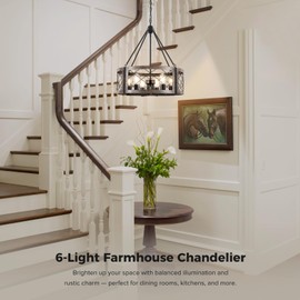 22'' Rustic Chandelier for Dining Room, 6-Light Farmhouse Dining Room Light Fixture, Metal Black and Wood Grain Finish Vintage Chandelier for Entryway Foyer Living Room Bedroom Kitchen Island Lighting