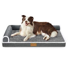 Patas Lague Orthopedic XL Dog Bed for Large Dogs 42''X28'', Waterproof Comfortable L Shaped Big Large Non-Slip Soft Warm Pet Sofa Sleep Bed mat with Removable Washable Cover, Grey