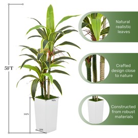 Aritificial Dracaena Tree 5FT with Realistic Trunks and 33 Leaves in Tall White Pot Faux Tropical Yucca Floor Plant for Home Office Decor Indoor Housewarming