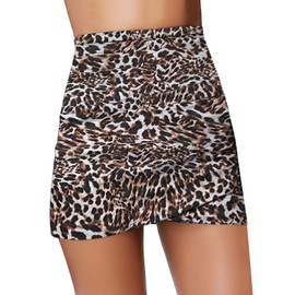 GRAPENT Women's Leopard Print Ruched High Waist Tulip Hem Shirring Swim Skirt Swimsuit Bikini Bottom Size M