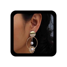 Allereya Vintage Pearl Earrings Exaggerated Circle Drop Earrings Gold Sunflower Earrings Coin Disc Stud Earrings Jewellery for Women and Girls