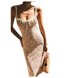 SOLY HUX Women's Floral Print Lace Trim Cami Dress Spaghetti Strap A Line Summer Midi Dresses Multicoloured Ditsy Floral Large