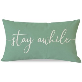 PANDICORN Modern Farmhouse Pillow Covers 12x20 with Words Stay Awhile Cozy Relax Pillow Cover Sayings Sage Green Rustic Outdoor Spring Decorations Lumbar Throw Pillows Case for Home Couch Porch Decor