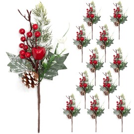 ROMODEN Artificial Christmas Picks, 12 PCS 12" Pine Branches Red Berry Twig Stems Pinecones Holly Snow Flocked Spray Flowers for Christmas Tree Wreath Floral Arrangement Winter Holiday Season Décor