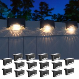 JACKYLED Solar Deck Lights,Outdoor Fence Light,16 Pack Solar Step Lights Waterproof LED Solar Powered Lighting for Outdoor Stairs, Fence, Deck,Patio Railing,Pathway,Driveway,Warm White,Black