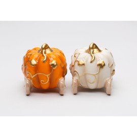 Fine Ceramic Thanksgiving Autumn Fall Pumpkin Carriages Salt & Pepper Shakers Set, 3" L