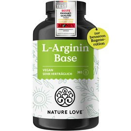 Nature Love NATURE LOVE® L-Arginin Base mit Citrullin - 365 Kapseln - Hochwertiges pflanzliches Arginin in BASE Form mit 99,7+% Reinheit - Hochdosiert, vegan, in Deutschland produziert
