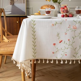 AIRCOWRIE Cotton Linen Tablecloth for Rectangle Tables, Heavy Duty Wrinkle Free Water Resistant Washable Cloth Dining Table Cover for Kitchen and Outdoor Use(Red Hollyhock, 54”×78”, Rectangle)