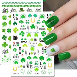 St. Patrick's Day Nail Art Stickers Green Shamrock Nail Stickers 3D Green Shamrock Manicure Decals Accessories St. Patrick's Day Adhesive Slider for Women DIY Nail Art Decorations 6Sheets