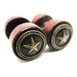 Organic Wood w/Metal Star Emblem Stud Post Earrings - New - Pair!