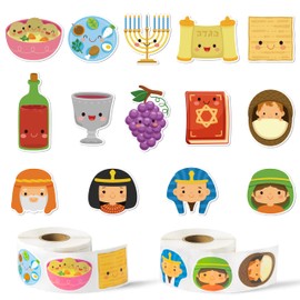 CNhoqc 1000pcs Passover Theme Sticker Rolls(2 Rolls), 14 Designs Cartoon Passover Pesach Self-Adhesive Sticker Decals Chag Sameach Seder Meal for Kids Jewish Festival Party Favor Supplies