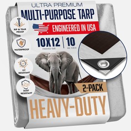 (2 Pack) 10x12 Heavy Duty Tarp, 10 Mil Thick, Waterproof, Tear & Fade Resistant, High Durability, UV Treated, Grommets Every 18 Inches. (Silver/Brown - Reversible) (10' x 12 Feet - 2 Pack)