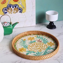 Rattan Serving Tray with Mother of Pearl 12 inch, Round Coffee Table Tray Decor, Round Wicker Tray, Boho Decorative Tray, Woven Tray (Peony Flower)