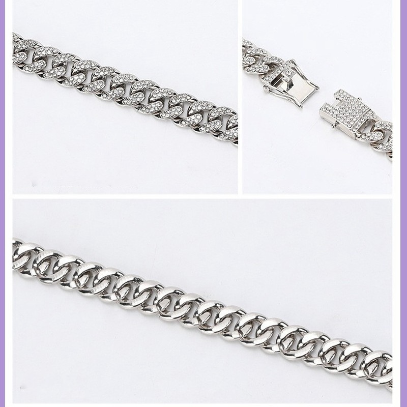 2Pcs Cuban Link Chain Rhinestone Necklace Bracelet Set Gift for