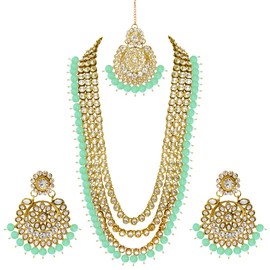Aheli Indian Ethnic Wedding Faux Kundan Beaded Bridal Long Necklace Earrings with Maang Tikka Traditional Jewelry Set Gift for Women Mint