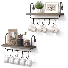 Floating Shelves for Kitchen Wall Coffee Nook with Hooks for Mugs Rustic Storage - Color: Carbonized Black