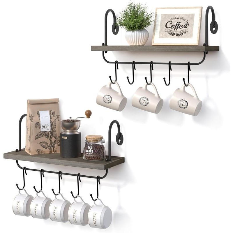 Floating Shelves for Kitchen Wall Coffee Nook with Hooks for