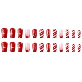 Christmas Press on Nails Medium Square Fake Nails with Streak Snowflake Design 24PCS Red Glitter Acrylic Nails for Women Girls