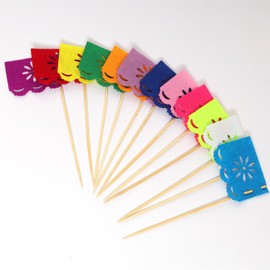 24 Pcs Multi-Colored Mini Mexican Paper Papel Picado Tissue Banner Flags Cupcake Toppers Mexican Fiesta Themed Party Decorations