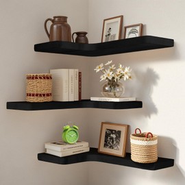 jubilander Floating Corner Shelves Set of 3, Solid Wood Picture Wall Shelf, Floating Shelves for Storage for Bedroom Kitchen Bathroom Living Room (Black)