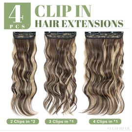SEGO 22 Inch Thick Highlight Hair Piece 4PCS Long Wavy Clip in Extensions Full Head 180g Synthetic Fiber Hairpieces For Women, Brown & Ash Blonde