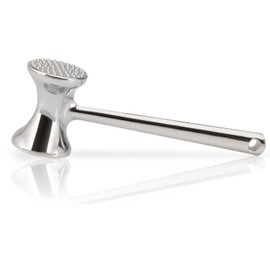 MEISTERKOCH Meat Tenderiser Double-Sided Silver Meat Hammer Aluminium Metal 6 cm Diameter Comfortable Handle with Hanging Eyelet for Cutlets, Steak, Beef, Dishwasher Safe