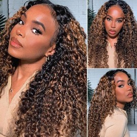 UNICE V Part Wig Human Hair Curly No Leave Out Balayage Brown Highlight Glueless Human Hair V Part Clip in Wigs Beginner Friendly No-Sew In No Glue 20 inch