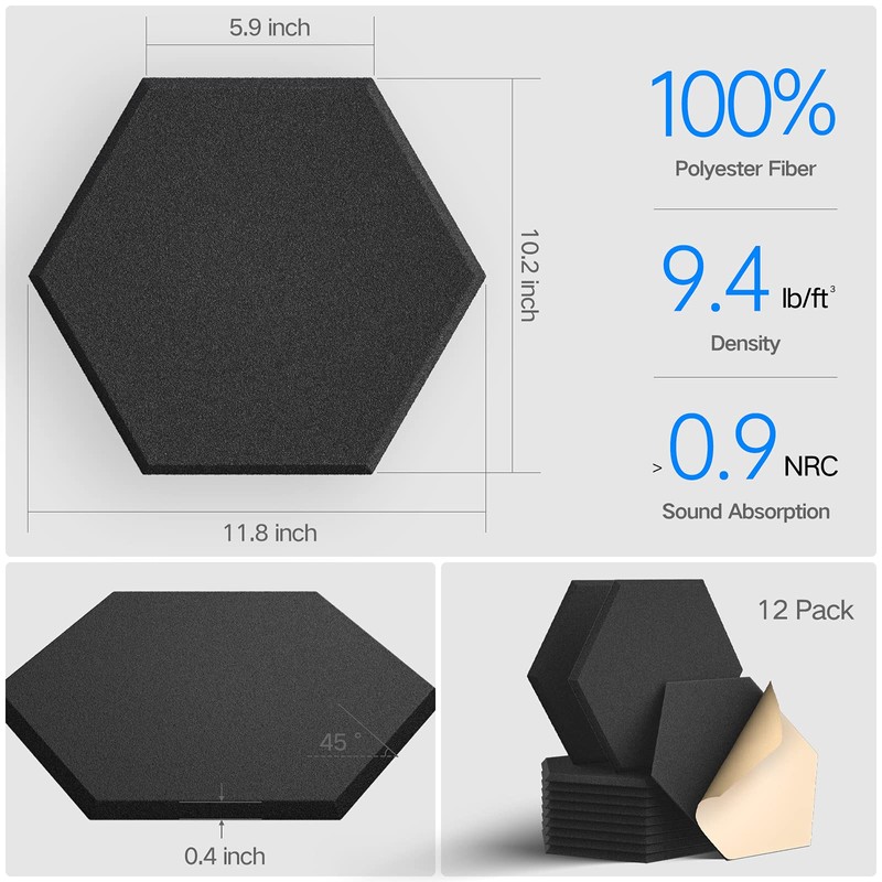 Dailycooper 12 Pack Self-adhesive Acoustic Panels 12" X 10" X