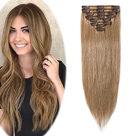 Hairro 100% Real Human Hair Clip in Hair Extensions 12 Inch Long #27 Dark Blonde 55g Thin 8 Pcs 18 Clips Straight Clip on Human Hairpieces for Women Beauty