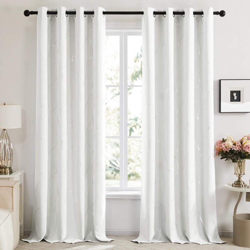 Deconovo Blackout Curtains - Silver Wave Line Print, Thermal Insulated,