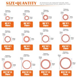 Rustark 320 Pcs Copper Flat Washers Assortment Kit Metric Sealing Washers M5 M6 M8 M10 M12 M14 M16 M20（12 Sizes）