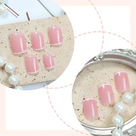 White French Tip Press on Nails Short Square Fake Nails Glossy Pink False Nails Extra Short Glue on Nails Full Cover French Acrylic Artificial Nails Reusable Stick on Nails for Women DIY Manicure