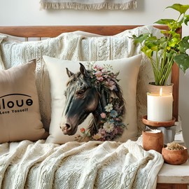 ULOVE LOVE YOURSELF 4Pack Horse Throw Pillow Covers with Wildflower Watercolor Horse Pillowcases Rustic Farmhouse Sofa Couch Decor Cushion Cover 18 X 18 Inch (Black)