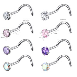 8PCS G23 Titanium Twist Screw Nose Studs 18G 20G Nose Rings 2mm 2.5mm 3mm Clear Pink Purple Aurora CZ Gold Nose Piercing Studs Nostril for Women Men, Metal Gemstone, cubic-zirconia