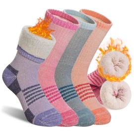 Kids Merino Wool Hiking Socks Girls Boys Teen Winter Thermal Warm Cozy Thick Cushion Boot Socks(4 Pairs Blue/Orange/Purple/Pink,4-7 Years)