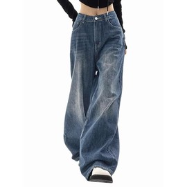 EMMIOL Women's Wide Leg Jeans Distress Adjustable Waist Denim Pants Vintage Y2K Trousers, Back-to-School Outfit
